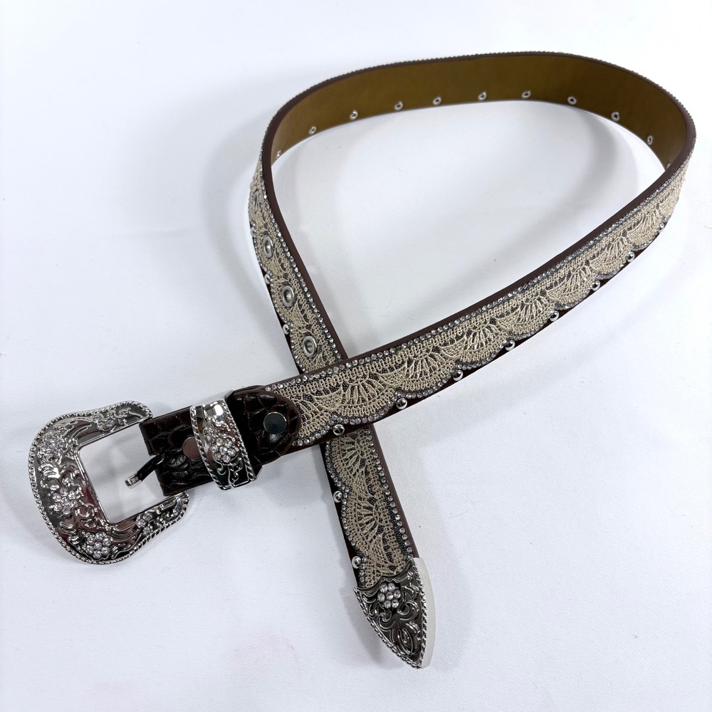 Angel Ranch Belt Western Brown‎ Lace Rhinestone Crystal Buckle Silver Tone